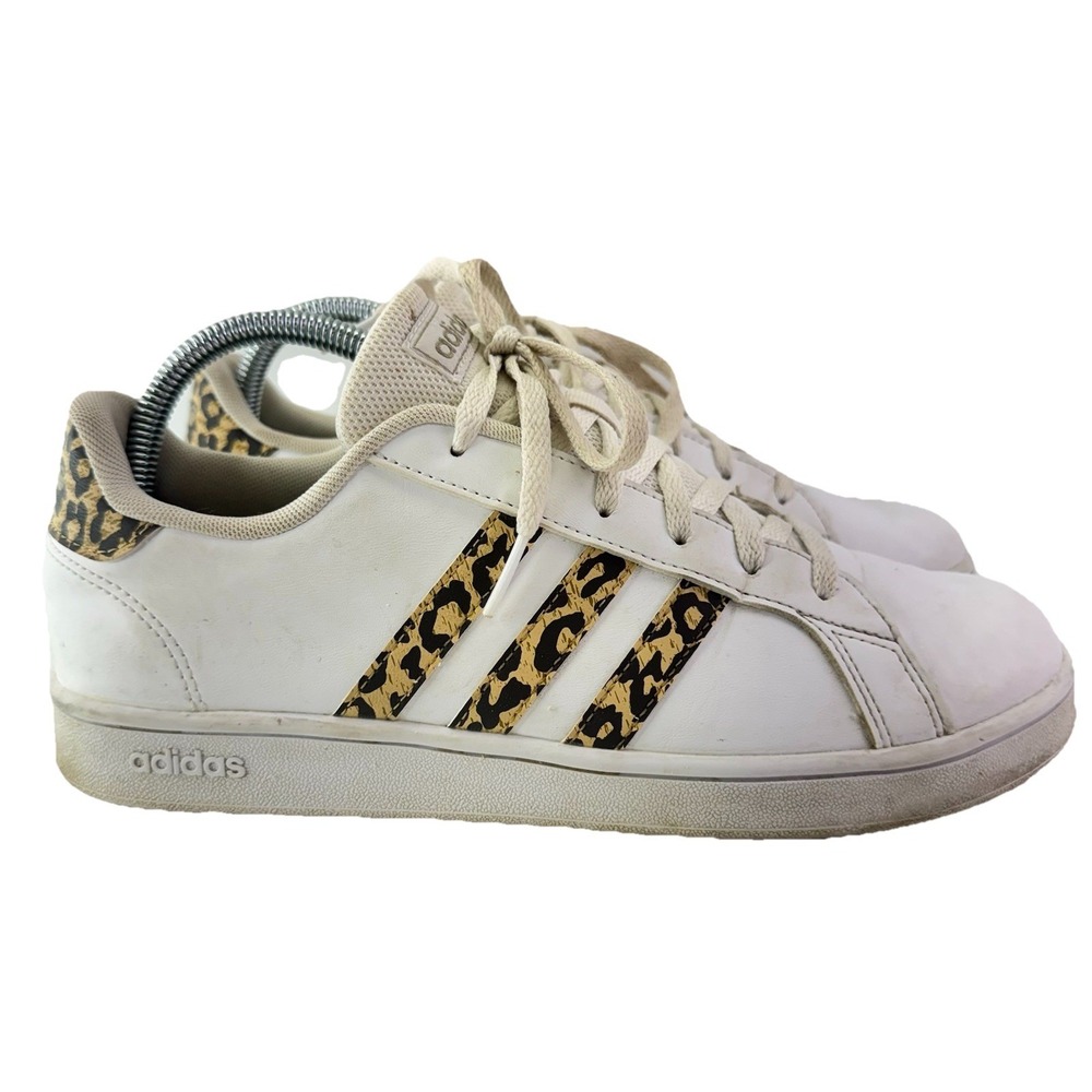 Adidas Grand Court Sneakers White with Leopard Stipes Size 7